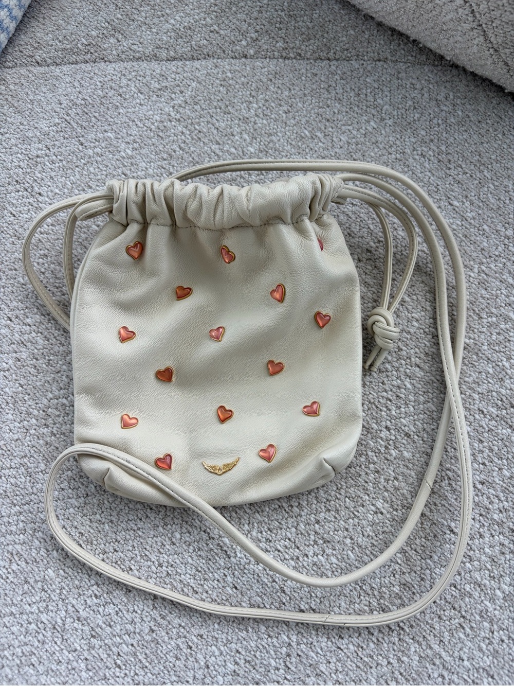 Zadig & Voltaire Cream Drawstring Crossbody with Coral Heart Studs